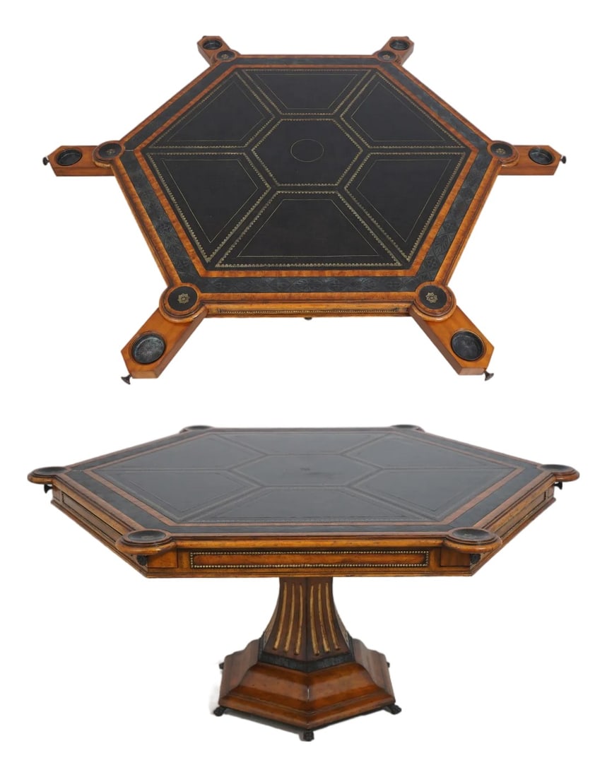Maitland-Smith Hexagon Six-Drawer Leather Top Game Table: AGE "ƒApprox: 20 Years Old DETAILS "ƒFactory Distressed "ƒModel 3130-074 "ƒBall And Claw Feet "ƒQuality Construction "ƒLarge Impressive Table "ƒNice Inlay Work Throu