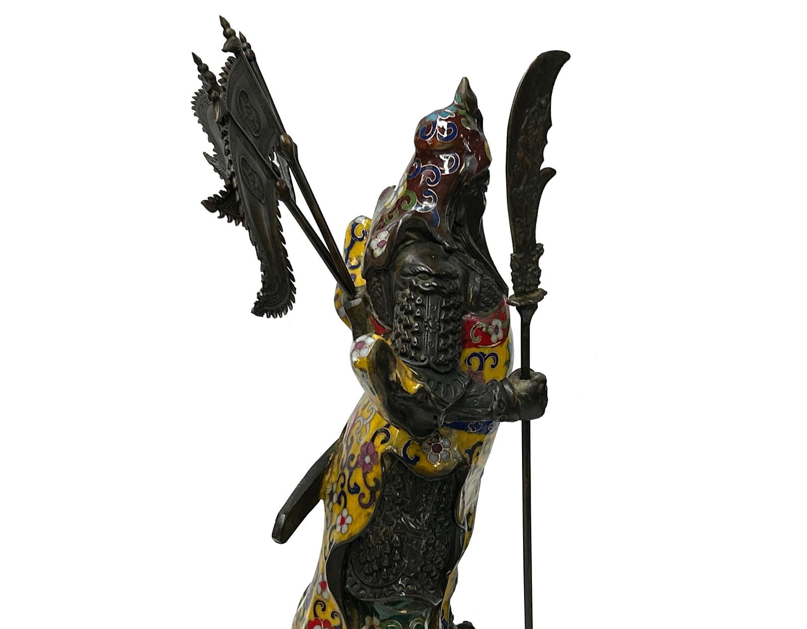 Vintage Cloisonne Yellow Enamel General Guan Yu Warrior Metal Statue - 10