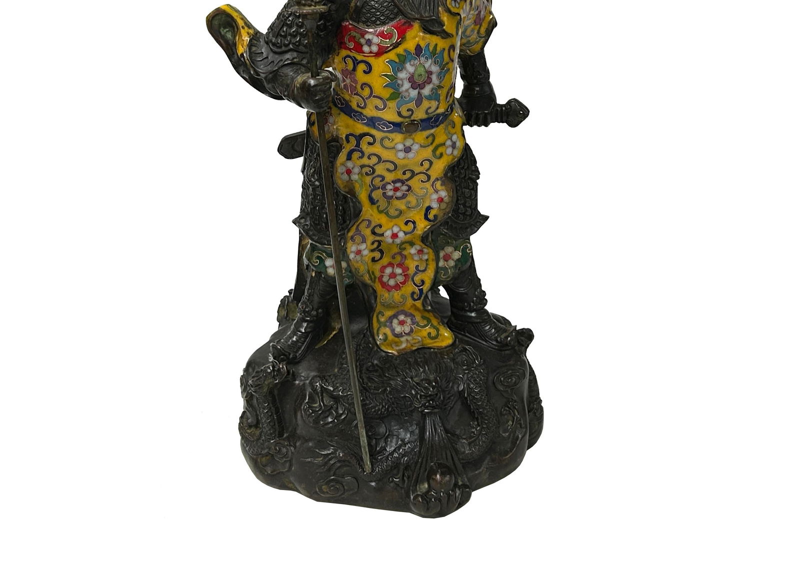 Vintage Cloisonne Yellow Enamel General Guan Yu Warrior Metal Statue - 11