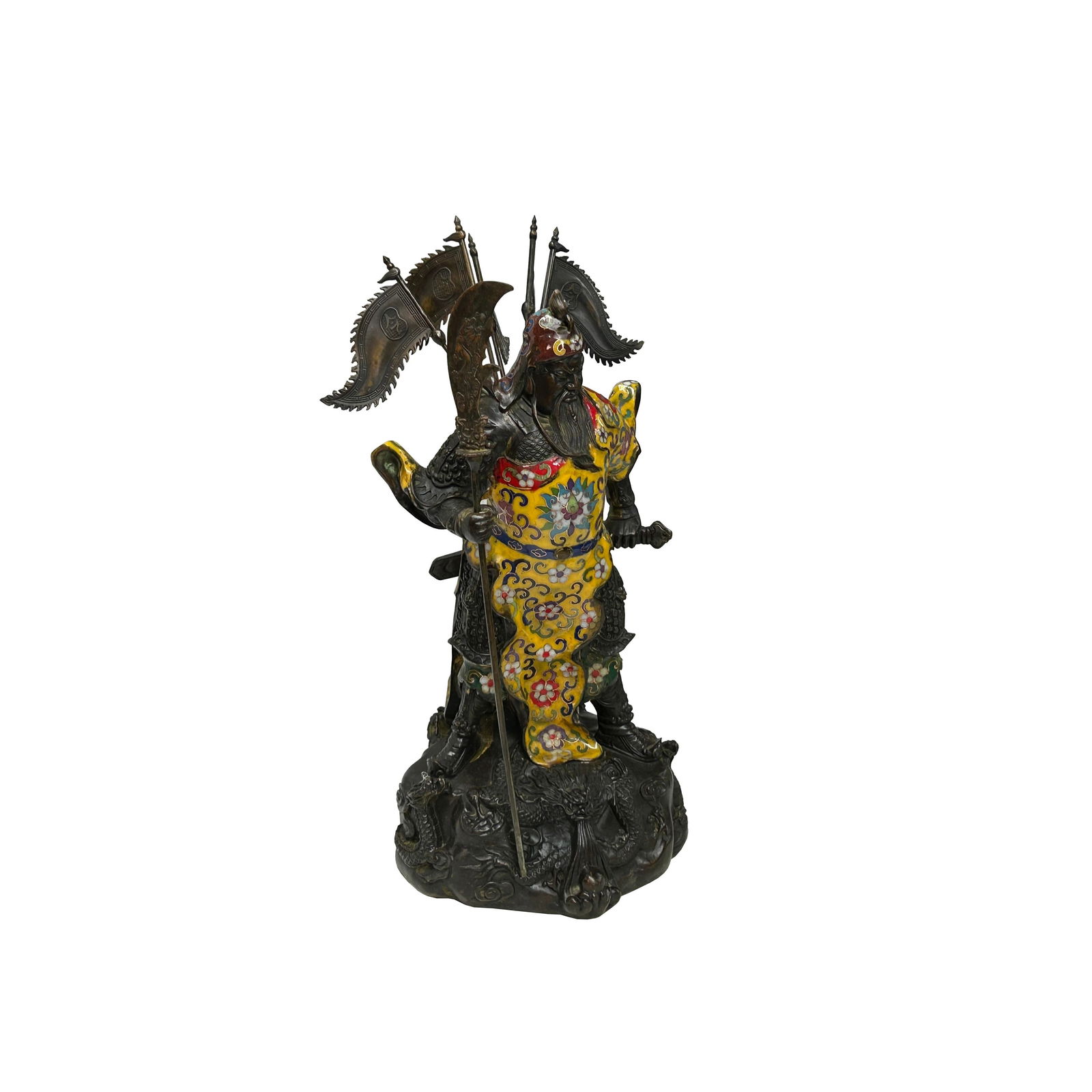 Vintage Cloisonne Yellow Enamel General Guan Yu Warrior Metal Statue - 15