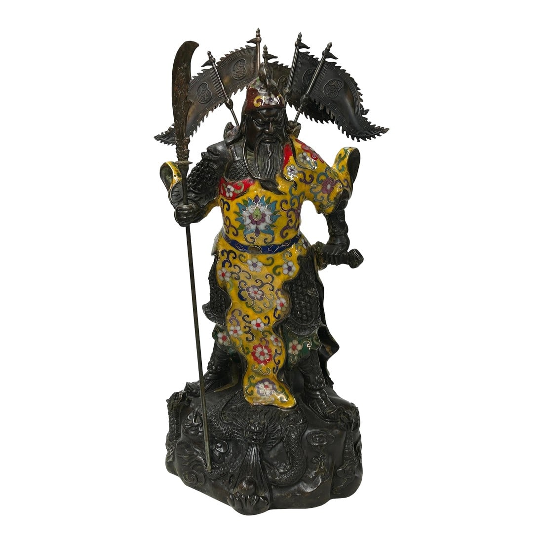 Vintage Cloisonne Yellow Enamel General Guan Yu Warrior Metal Statue: This impressive bronze and cloisonné enamel sculpture depicts Guan Yu, the legendary general from the Three Kingdoms period and a revered deity in Chinese culture. Standing in a commanding