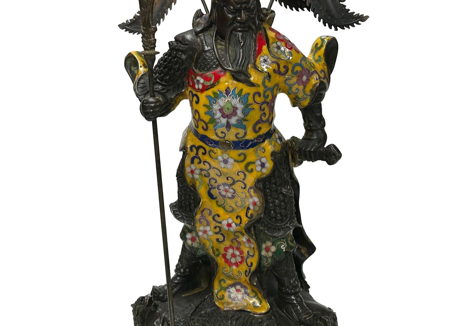 Vintage Cloisonne Yellow Enamel General Guan Yu Warrior Metal Statue - 3