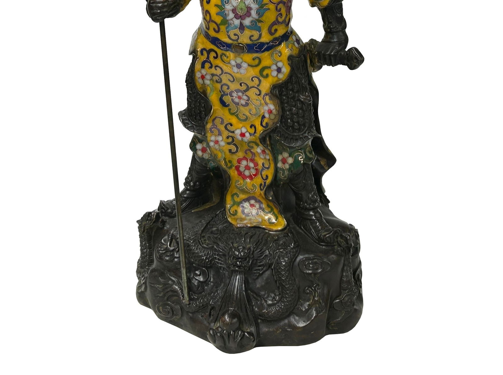 Vintage Cloisonne Yellow Enamel General Guan Yu Warrior Metal Statue - 4