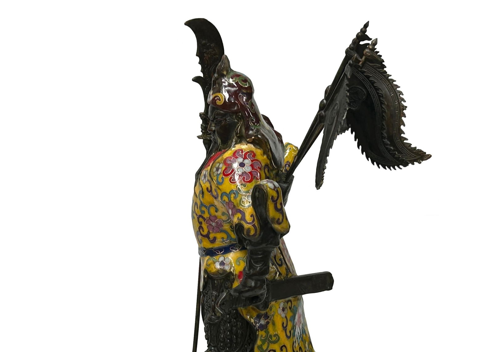 Vintage Cloisonne Yellow Enamel General Guan Yu Warrior Metal Statue - 7