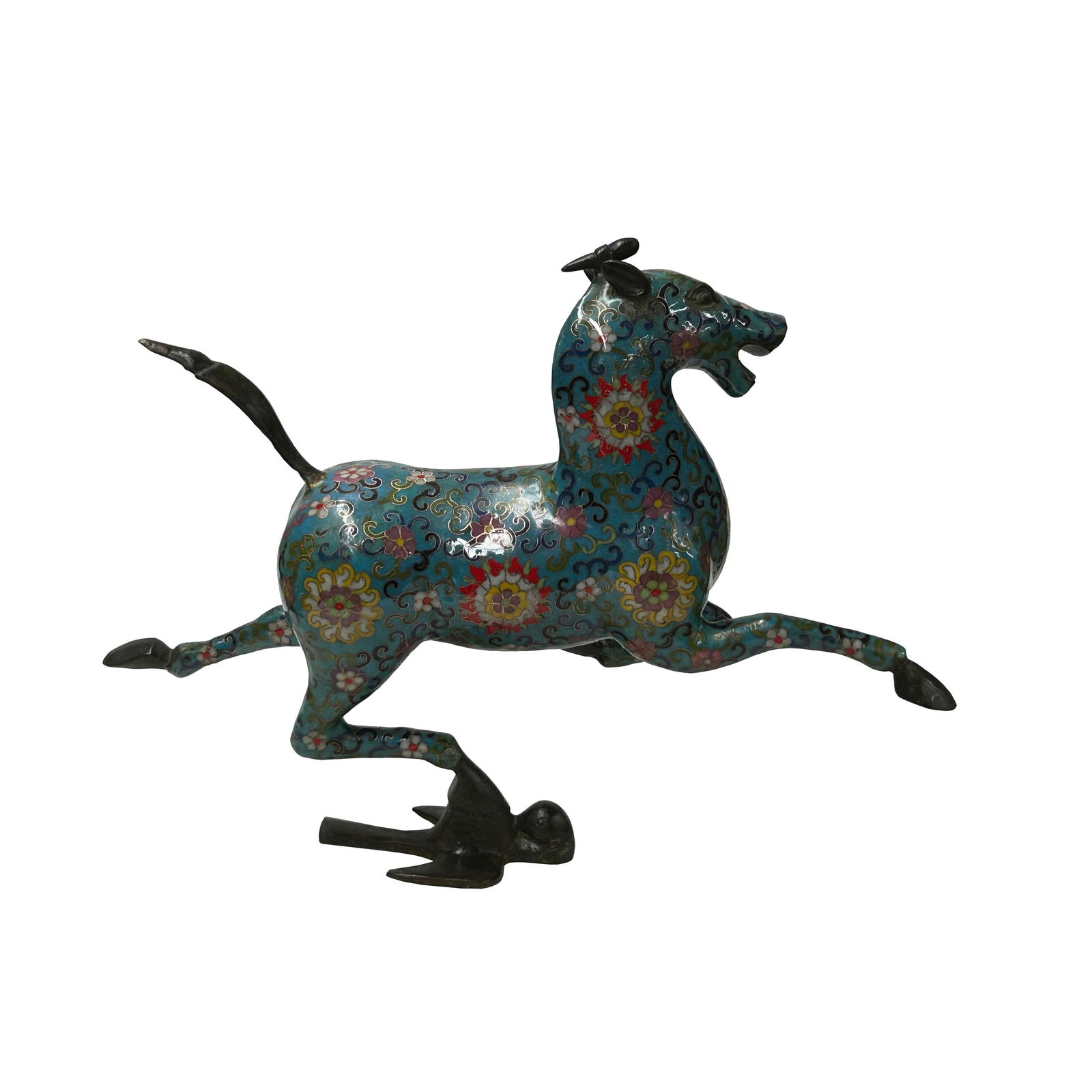 Chinese Turquoise Teal Enamel Galloping Horse Treading on a Flying Swallow Metal Figure - 12