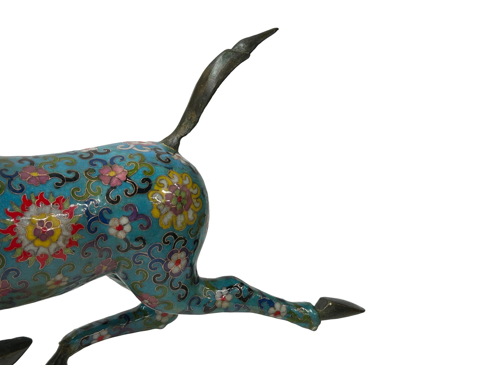 Chinese Turquoise Teal Enamel Galloping Horse Treading on a Flying Swallow Metal Figure - 2