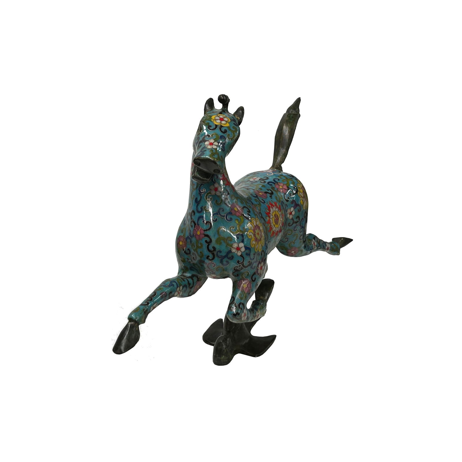Chinese Turquoise Teal Enamel Galloping Horse Treading on a Flying Swallow Metal Figure - 3