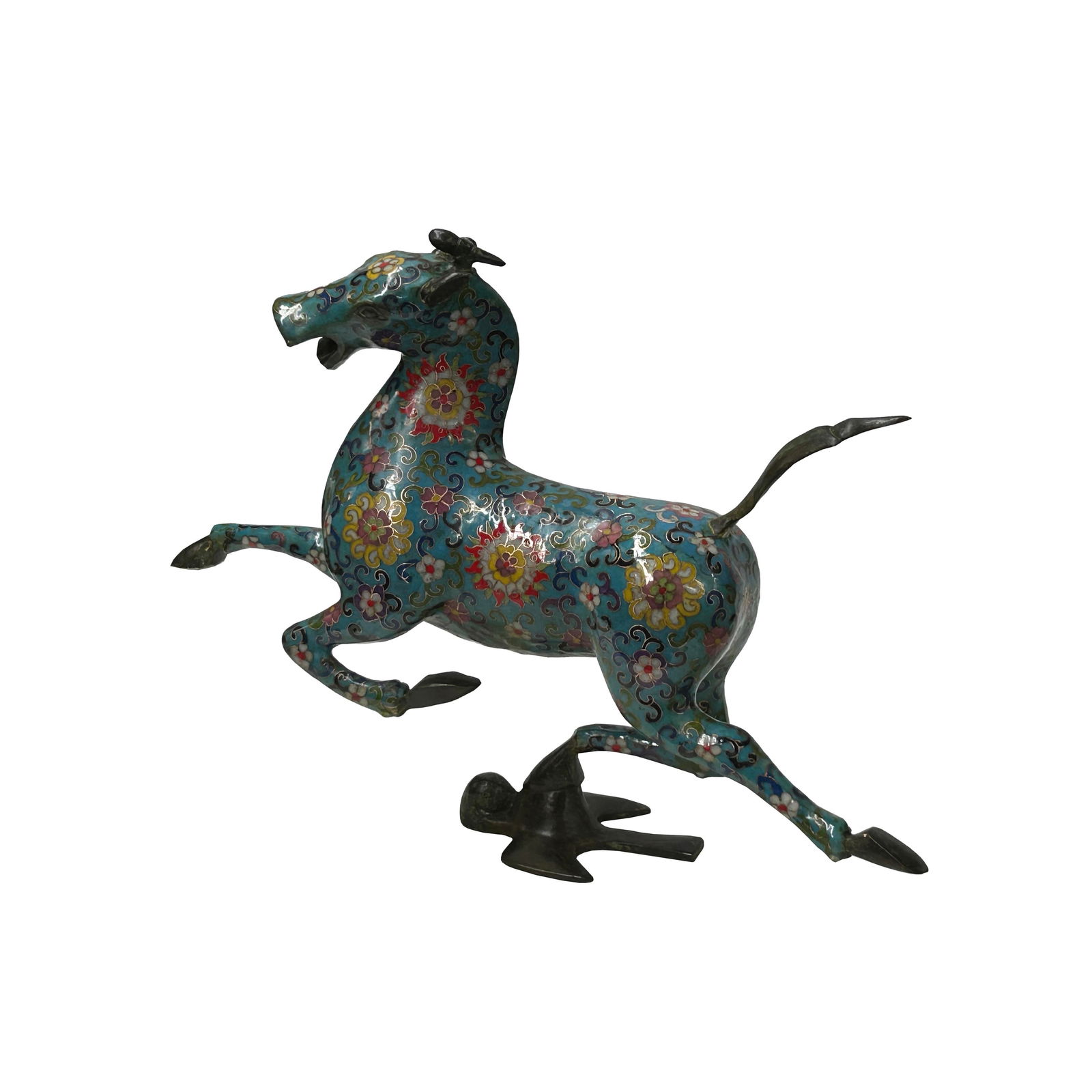 Chinese Turquoise Teal Enamel Galloping Horse Treading on a Flying Swallow Metal Figure - 4