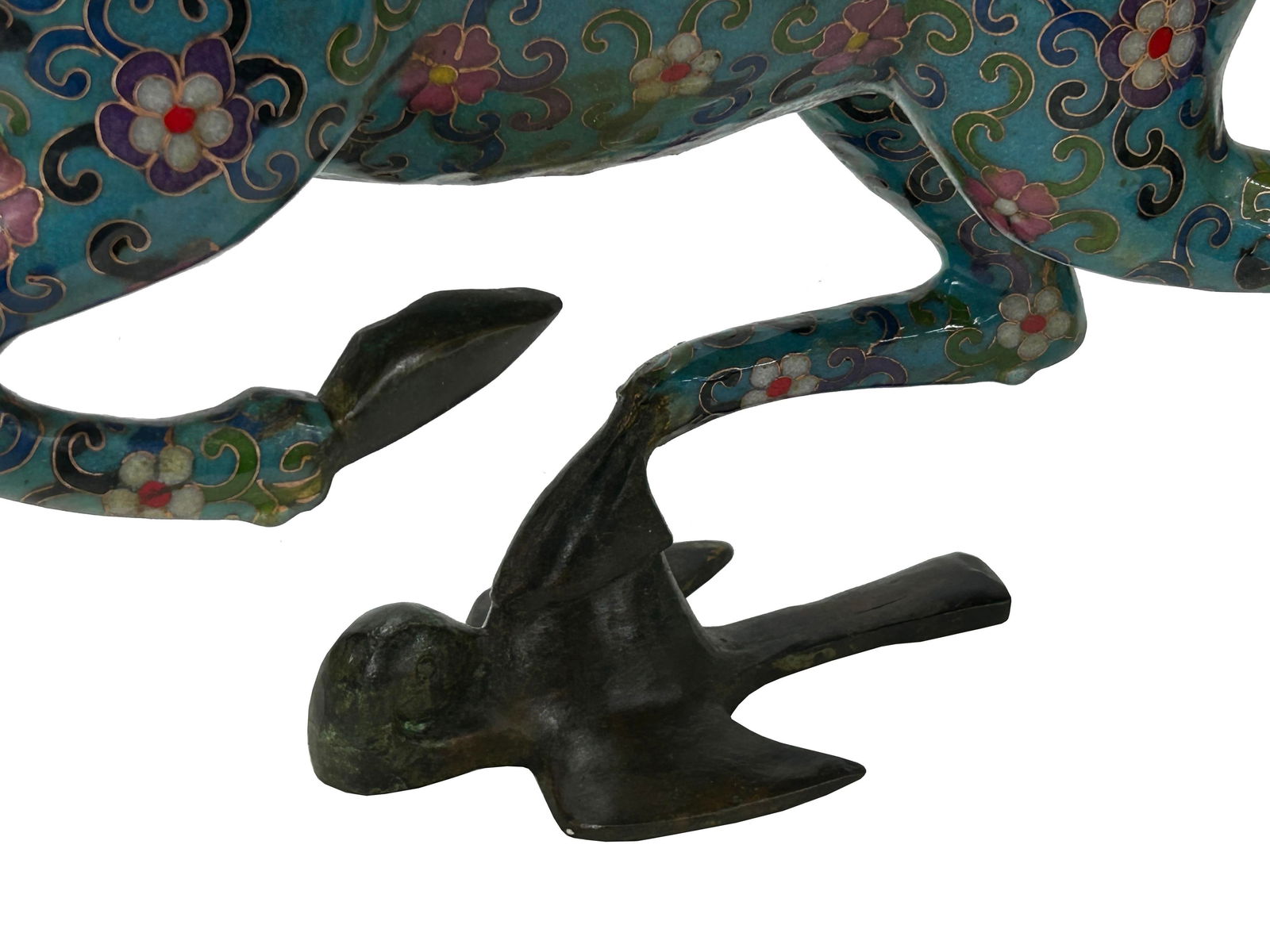 Chinese Turquoise Teal Enamel Galloping Horse Treading on a Flying Swallow Metal Figure - 5