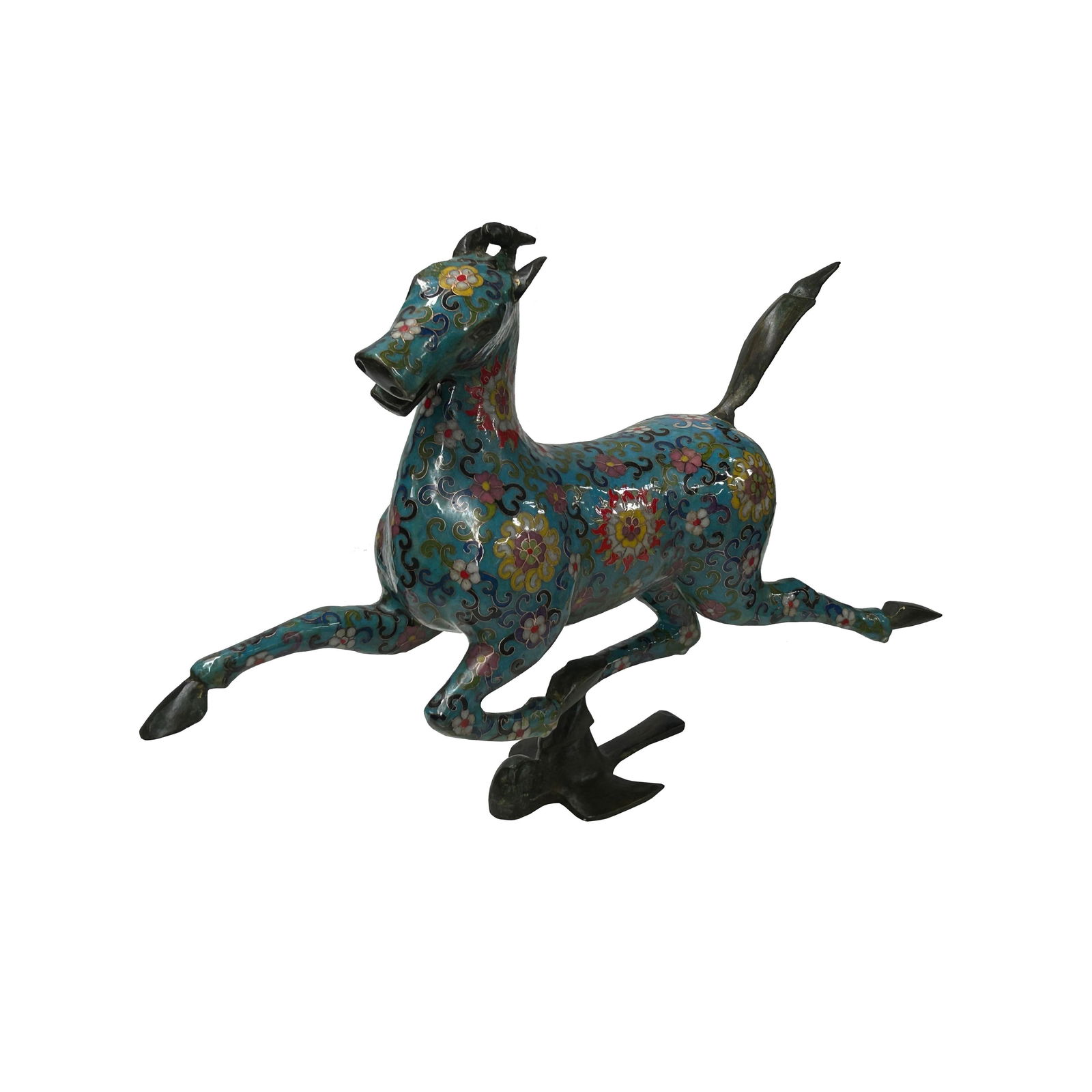 Chinese Turquoise Teal Enamel Galloping Horse Treading on a Flying Swallow Metal Figure - 6