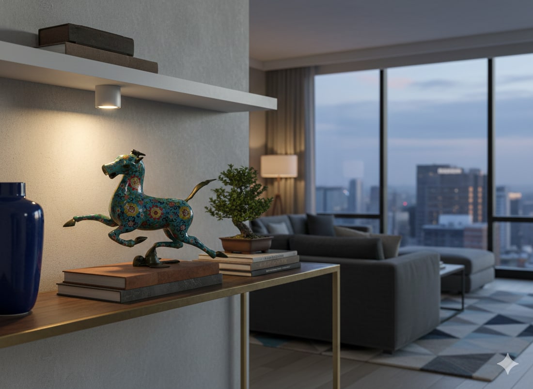 Chinese Turquoise Teal Enamel Galloping Horse Treading on a Flying Swallow Metal Figure - 7