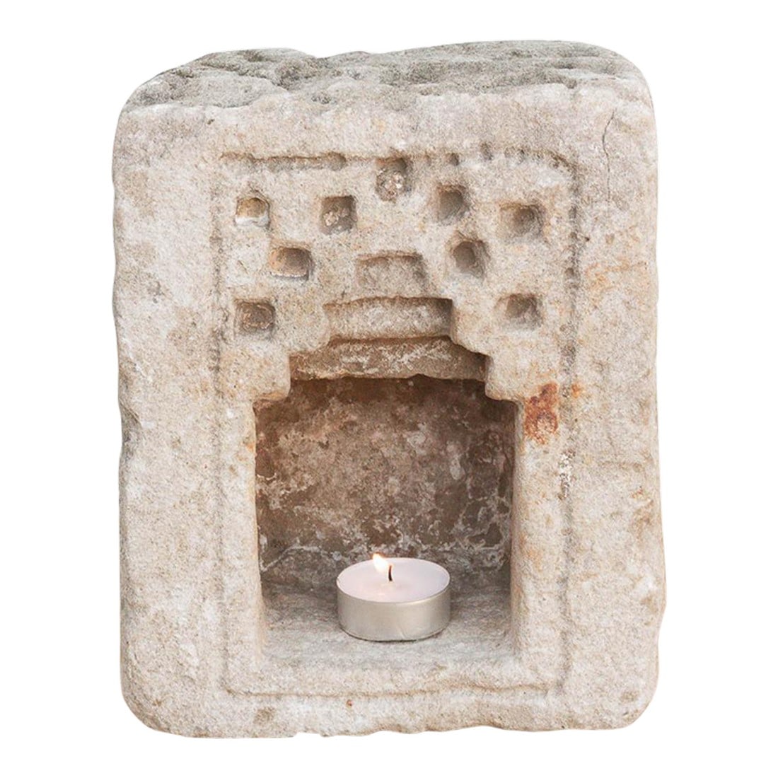 Geometric Stepped Arch, Antique Stone Niche: Carved from solid stone, this antique wall niche"”traditionally known as a Gokha"”was originally embedded into the masonry walls of Indian Havelis to shelter oil lamps or small votive