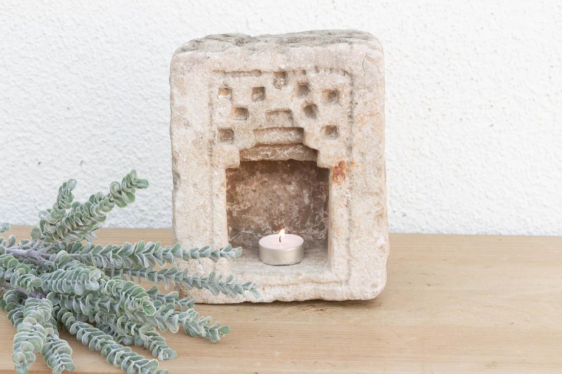 Geometric Stepped Arch, Antique Stone Niche - 2