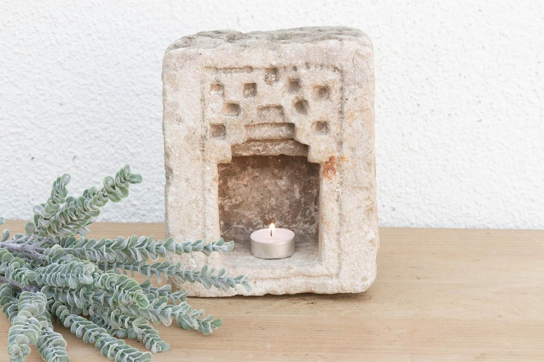 Geometric Stepped Arch, Antique Stone Niche - 7