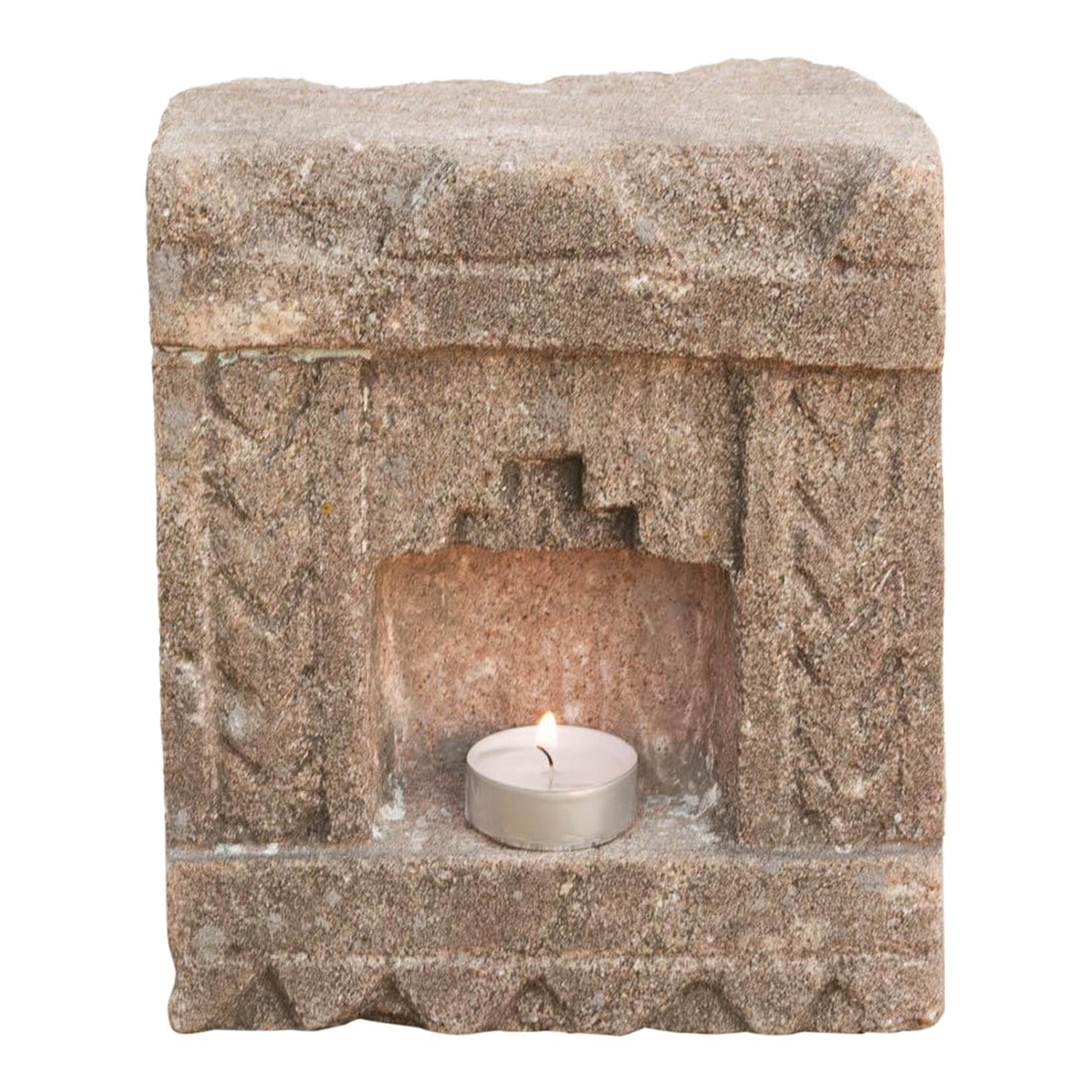 Earthy Gray Stone, Antique Indian Niche: Carved from solid stone, this antique wall niche"”traditionally known as a Gokha"”was originally embedded into the masonry walls of Indian Havelis to shelter oil lamps or small votive idol