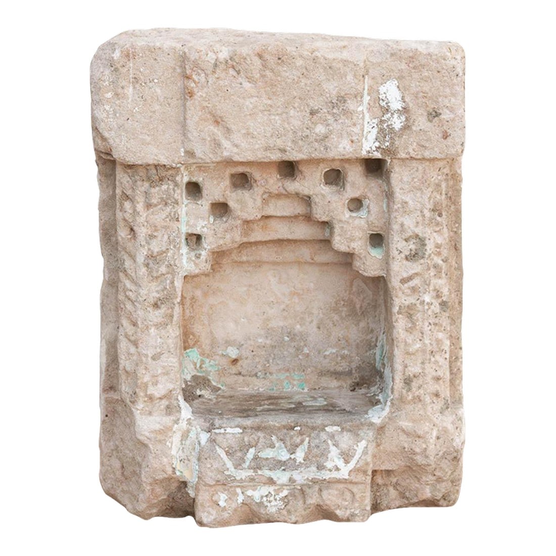 Whitewash Chevron, Antique Indian Stone Niche: Carved from solid stone, this antique wall niche"”traditionally known as a Gokha"”was originally embedded into the masonry walls of Indian Havelis to shelter oil lamps or small votive idol