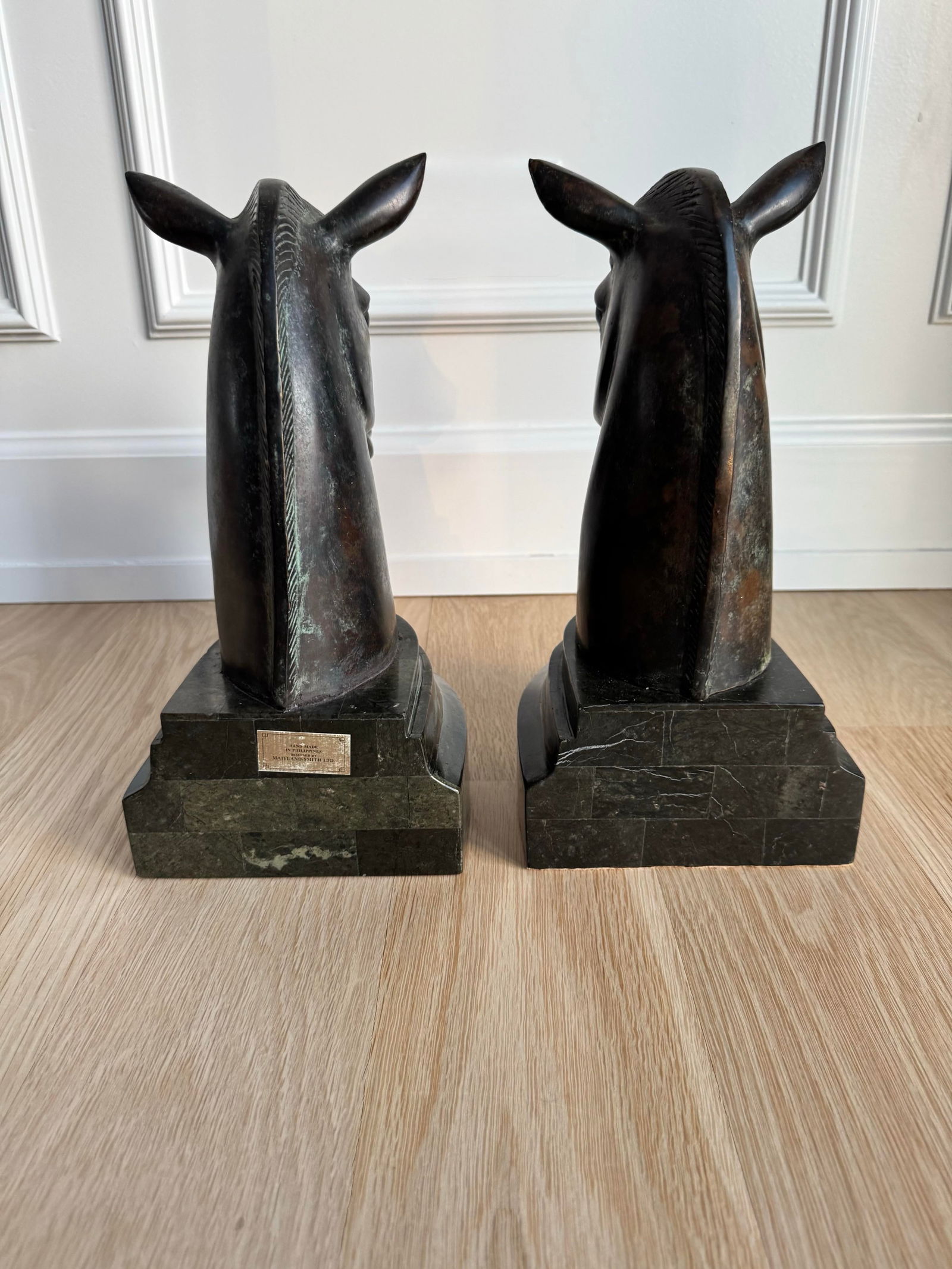 Vintage Maitland-Smith Horse Head Bookends on Tessellated Marble Bases - 4