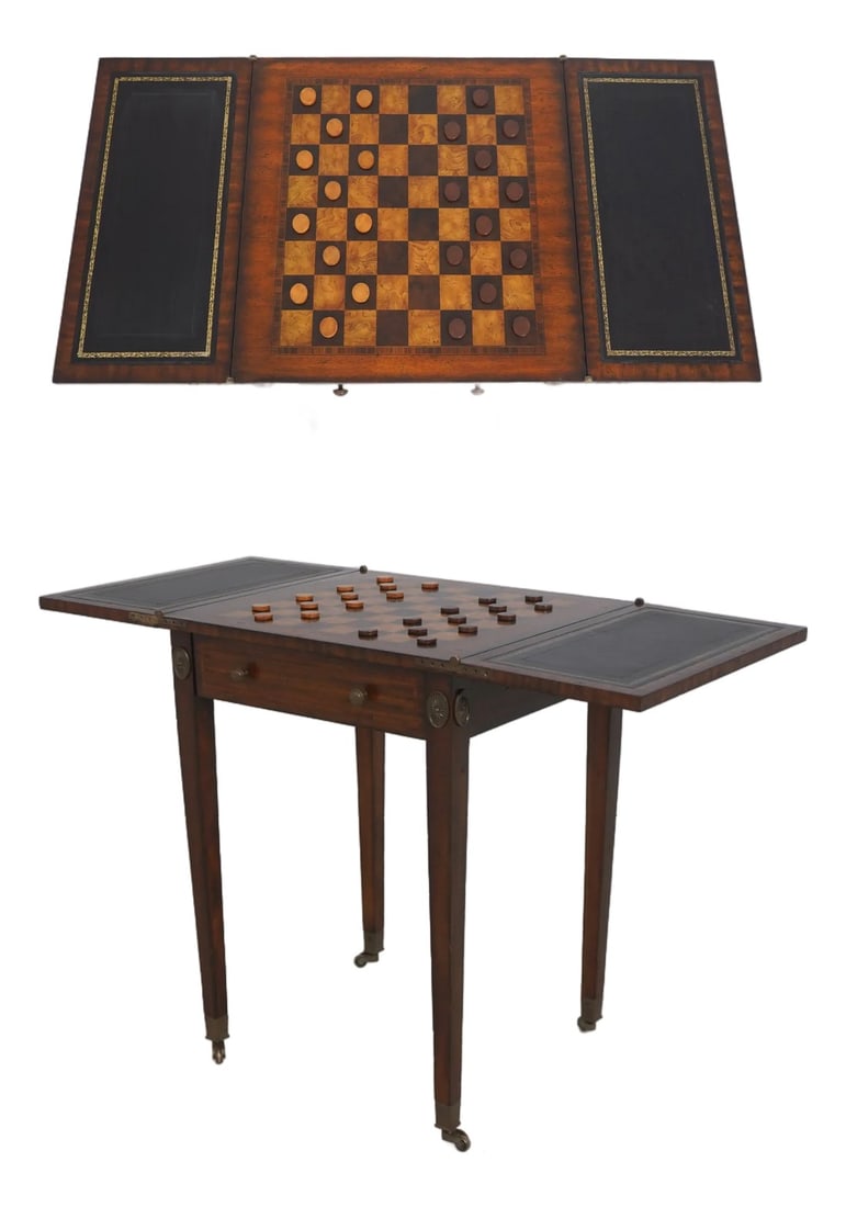 Maitland-Smith Two-Drawer Mahogany and Leather Flip-Top Game Table (1 of 18)