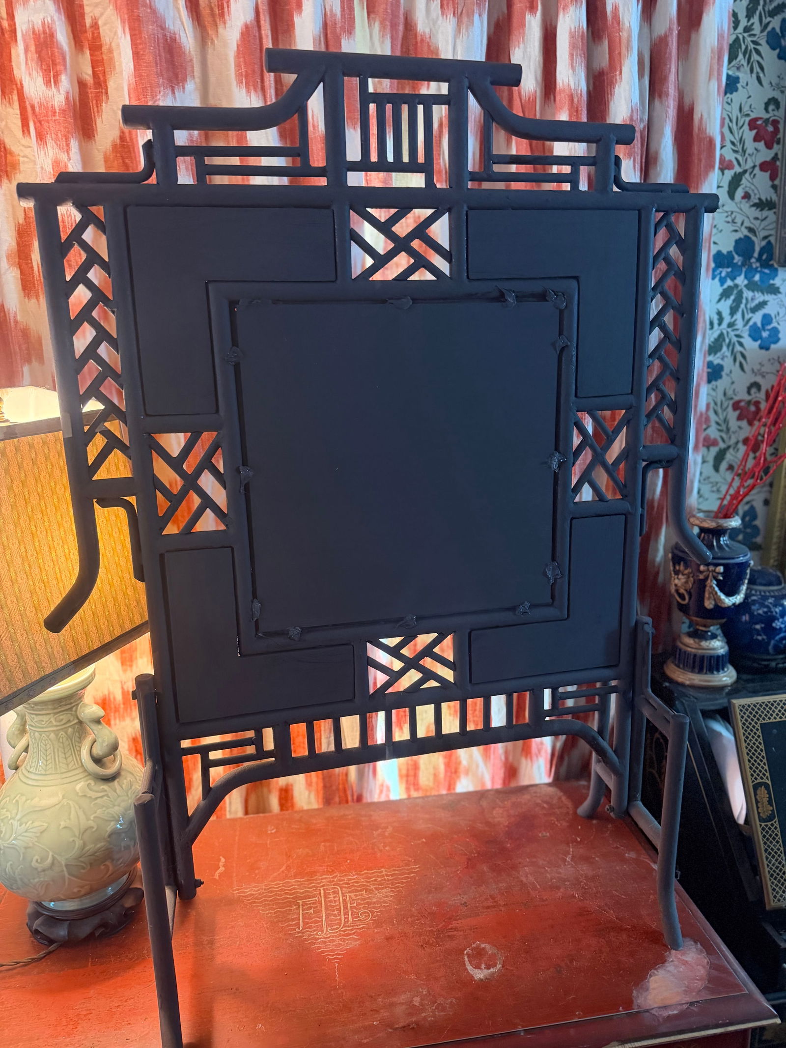 1960s Wrought Iron Chinoiserie Mirrored Fire Screen - 12