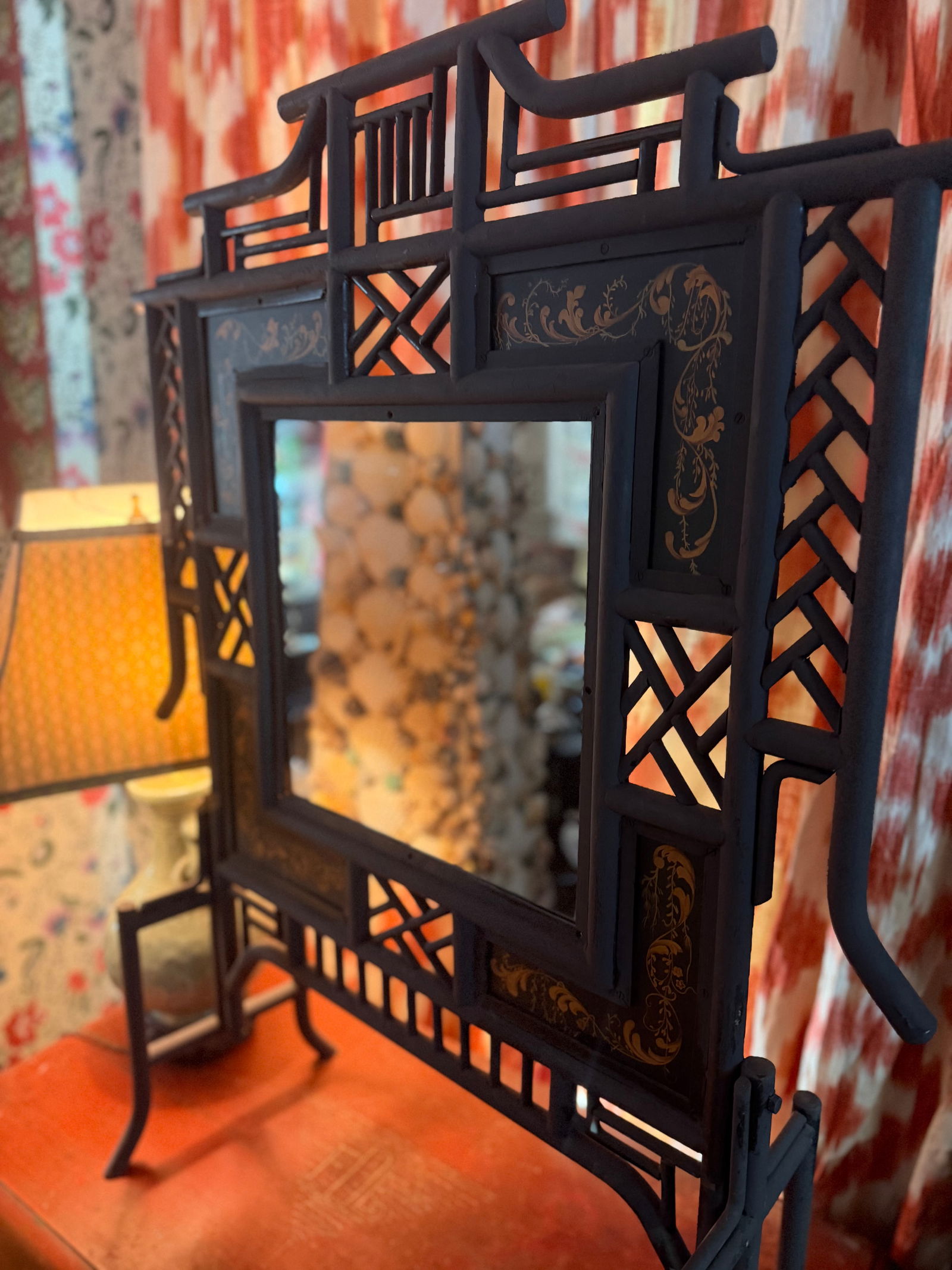 1960s Wrought Iron Chinoiserie Mirrored Fire Screen - 9