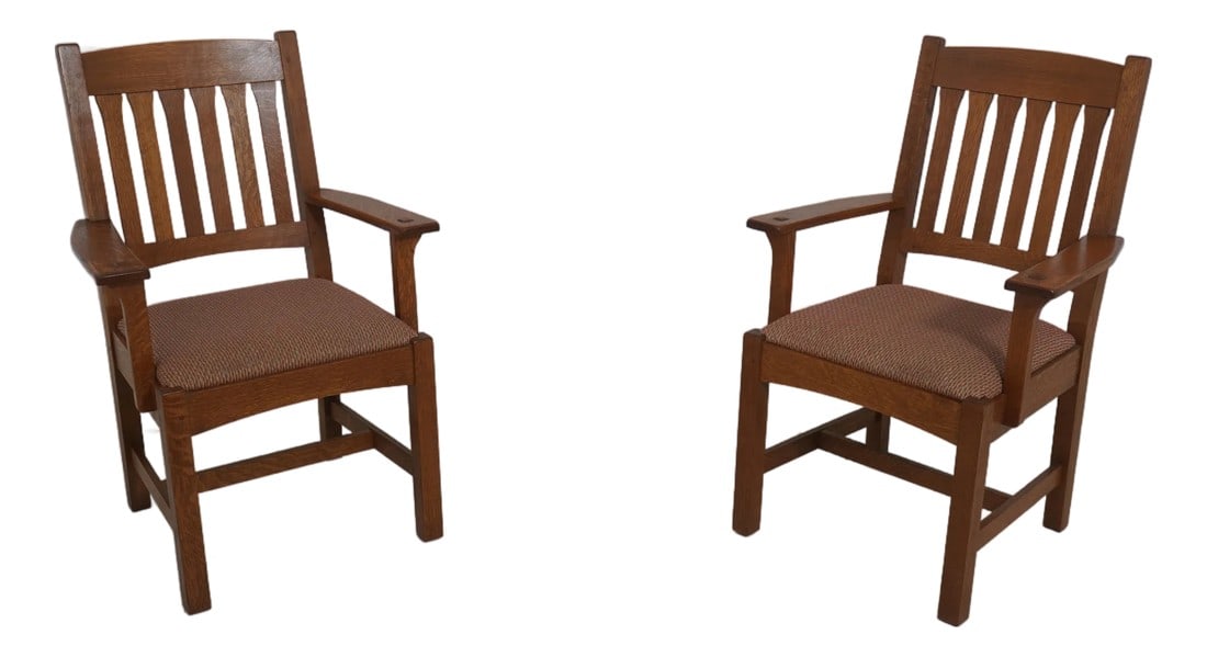 Pair of Stickley Mission Oak Cottage Armchairs (1 of 18)