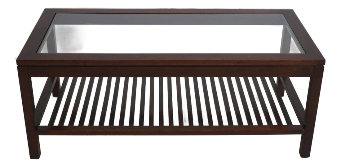 Stickley Cherry Mission Style Two-Tier Glass Top Coffee Table: AGE "ƒCirca 2002 DETAILS "ƒMetropolitan Collection "ƒCherry "ƒHigh Quality Construction "ƒArts And Crafts Style "ƒSpindle Shelf "ƒStretcher Base Frame 