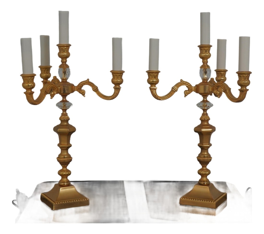 Pair of Laudarte Italian Four-Light Candelabra Lamps: AGE "ƒApprox: 30 Years Old DETAILS "ƒHigh Quality Construction "ƒHeavy Brass Construction "ƒSolid Brass Hardware "ƒGold Finish "ƒCrystal Accents "ƒOffered
