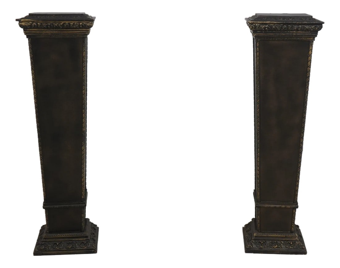 Pair of Decorative Display Pedestal Plant Stands: AGE "ƒApprox: 30 Years Old DETAILS "ƒFine Carved Details "ƒHigh Quality Construction "ƒTapered Body "ƒUnmarked As To Manufacturer "ƒPossibly MAITLAND-SMITH Or