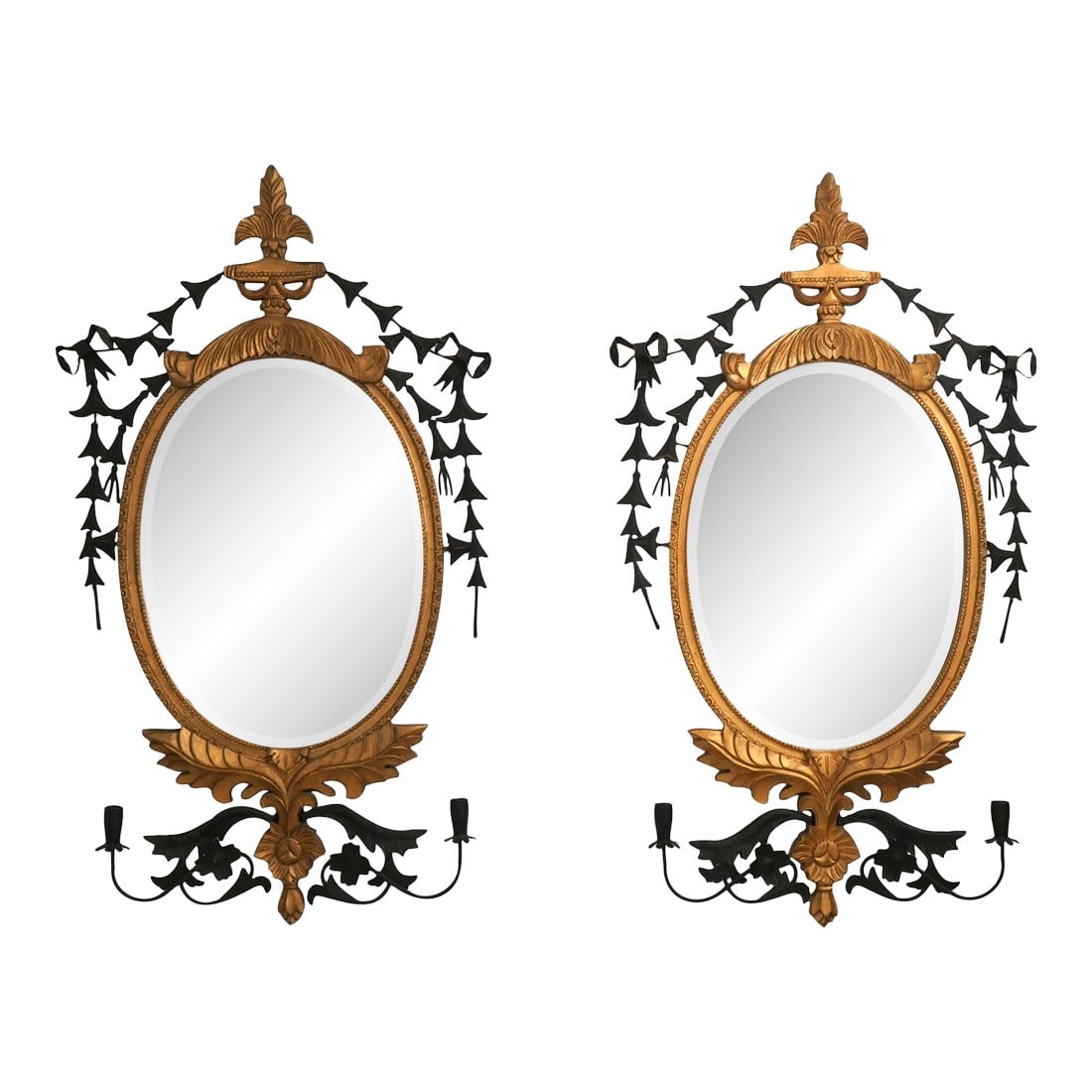 Pair of Baroque-Style Toleware Metal and Giltwood Mirrors With Sconces: AGE "ƒApprox: 30 Years Old DETAILS "ƒFine Carved Details "ƒHigh Quality Construction "ƒStunning Decorator Mirrors "ƒFrench Style "ƒTwo-Candle Sconces "ƒGold Paint Fi