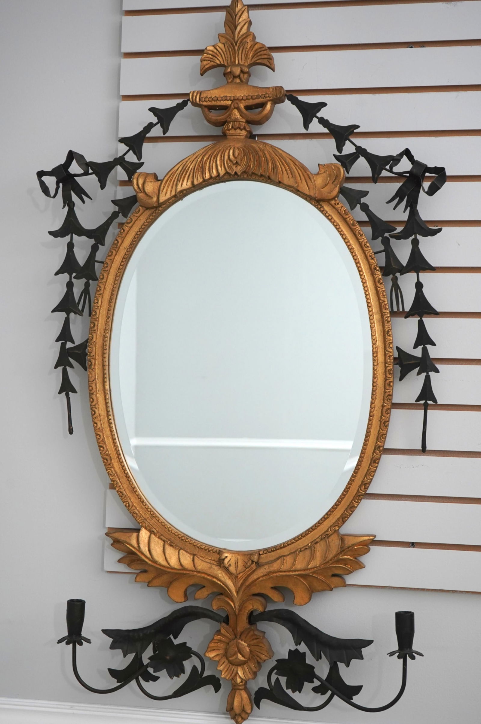 Pair of Baroque-Style Toleware Metal and Giltwood Mirrors With Sconces - 2