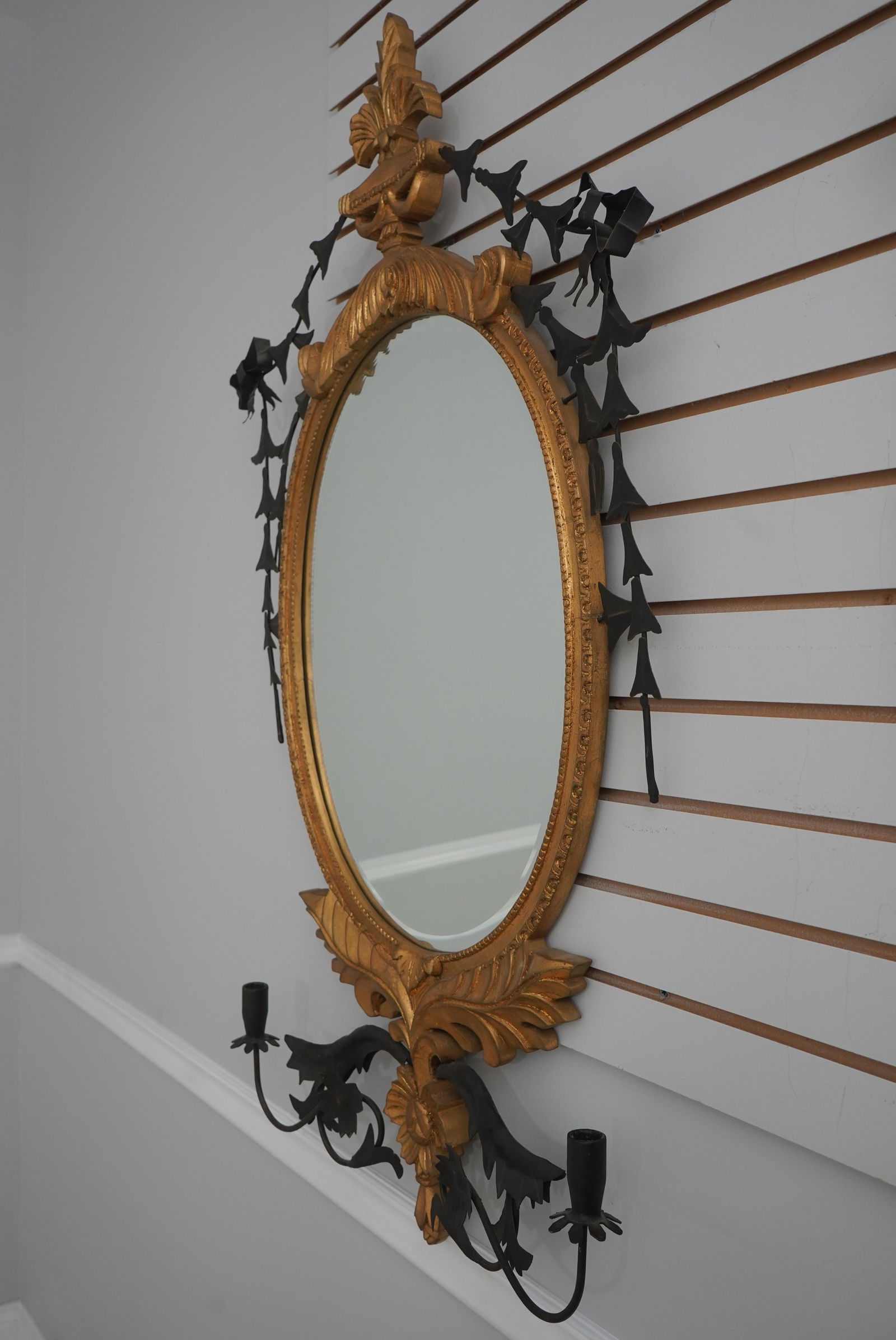 Pair of Baroque-Style Toleware Metal and Giltwood Mirrors With Sconces - 3