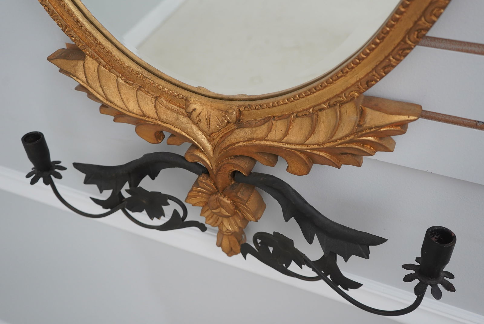 Pair of Baroque-Style Toleware Metal and Giltwood Mirrors With Sconces - 6