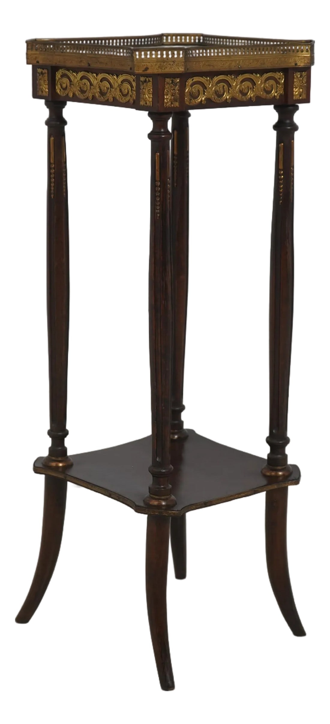 Vintage French Louis XVI Marble Top and Brass Lamp Table Plant Stand: AGE "ƒApprox: 100 Years Old DETAILS "ƒWalnut "ƒBrass Gallery Top "ƒFine Carved Details "ƒHigh Quality Construction "ƒNice Older Vintage Stand "ƒFrench Louis