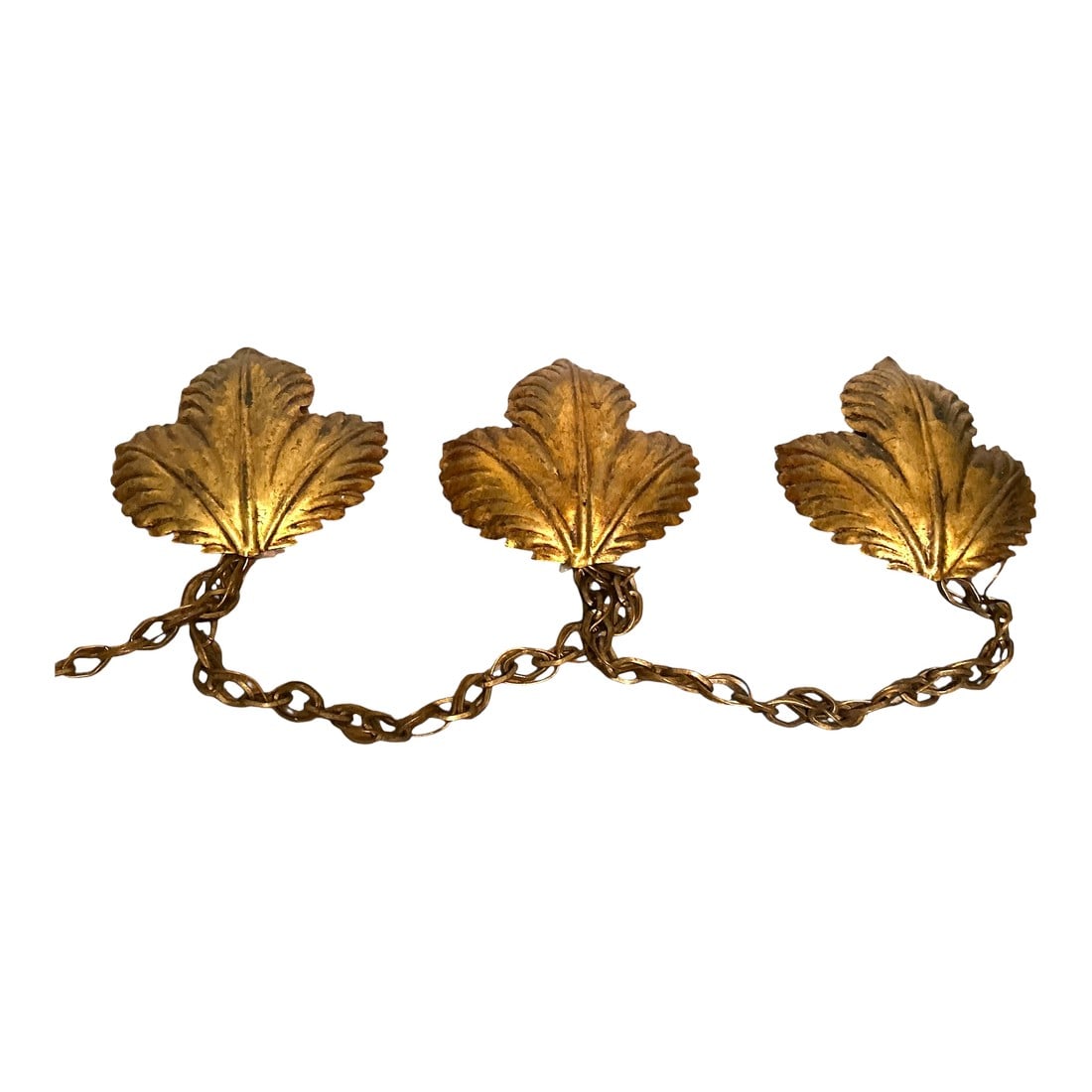 1950's Mid Century Italian Gold Gilt Three Leaf Light Wall Sconce Swag Lamp: Beautiful gold gilt wall sconce set will add a warm ambient glow to your space. They are all strung together on the same chain with about 2 feet between each, and a total length of approx 7 feet.