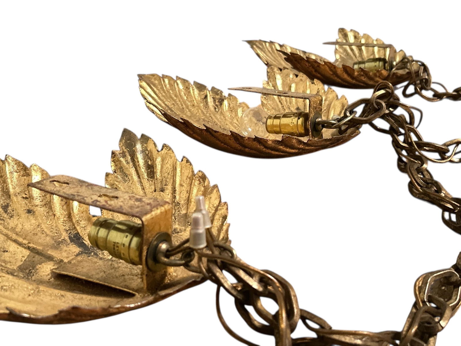 1950's Mid Century Italian Gold Gilt Three Leaf Light Wall Sconce Swag Lamp - 2