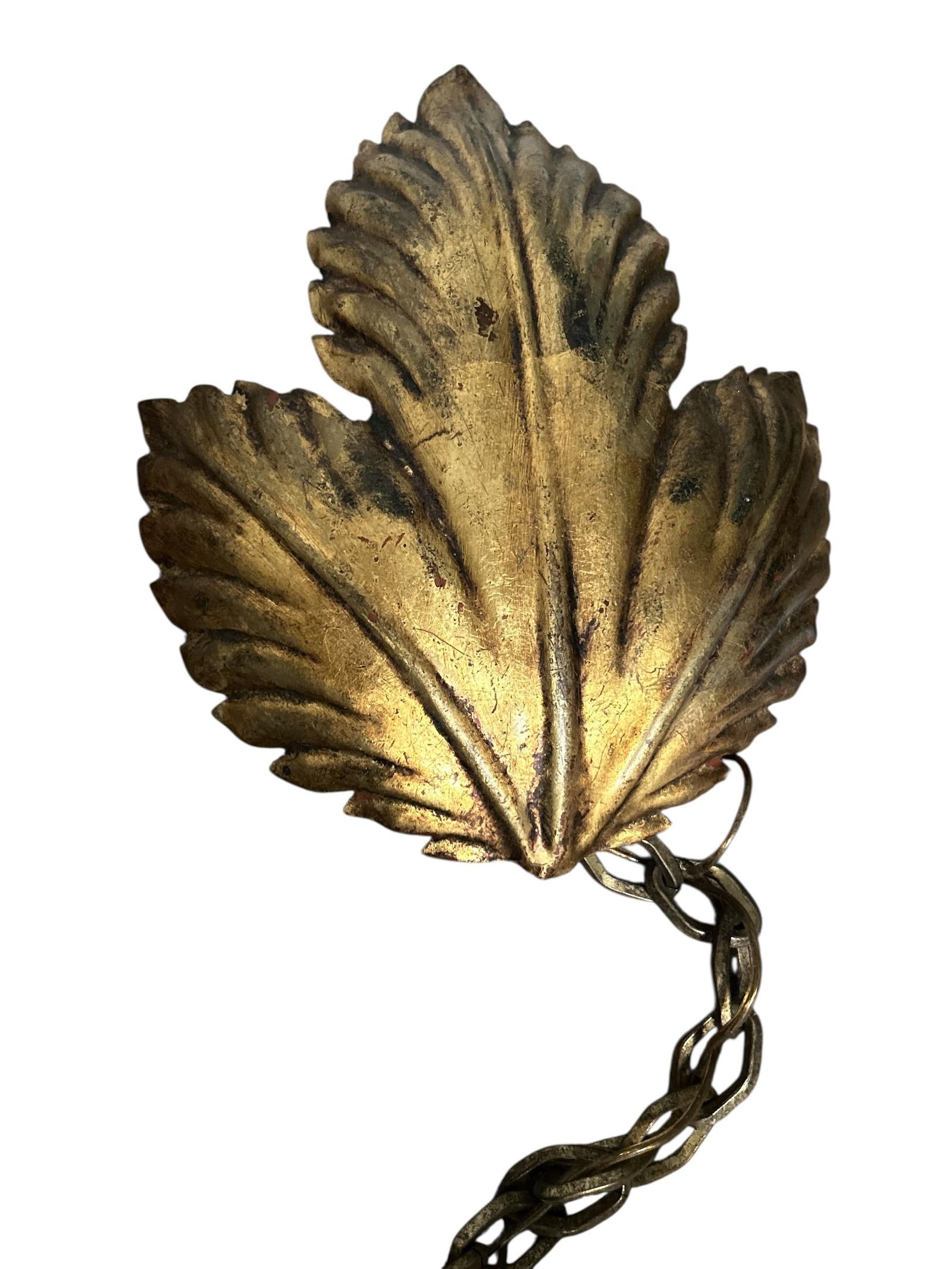 1950's Mid Century Italian Gold Gilt Three Leaf Light Wall Sconce Swag Lamp - 5
