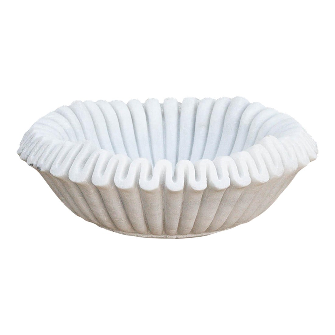 Hand-Carved Large Marble Centerpiece: Carved from a single block of pristine white marble, the vessel has been meticulously hand-chiseled to create a continuous "scalloped" edge that mimics the gentle ripples of a seashell or the pleats