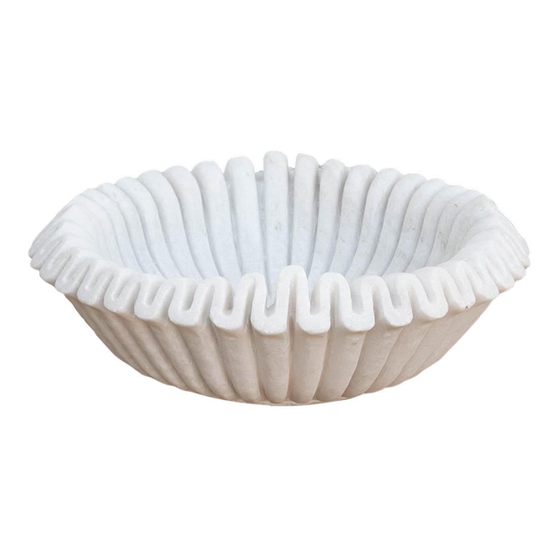 Large Organic Modern Marble Bowl: Carved from a single block of pristine white marble, the vessel has been meticulously hand-chiseled to create a continuous "scalloped" edge that mimics the gentle ripples of a seashell or the pleats