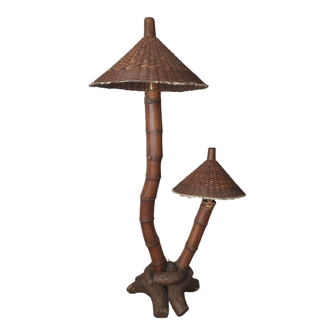 1950s Large Scale Bamboo Floor Lamp: Unique 1950s Large Scale Bamboo Floor Lamp. A lovely sculptural piece, serving form and functions. Perfect in so many applications. The lamp is in excellent condition overall showing only minimal