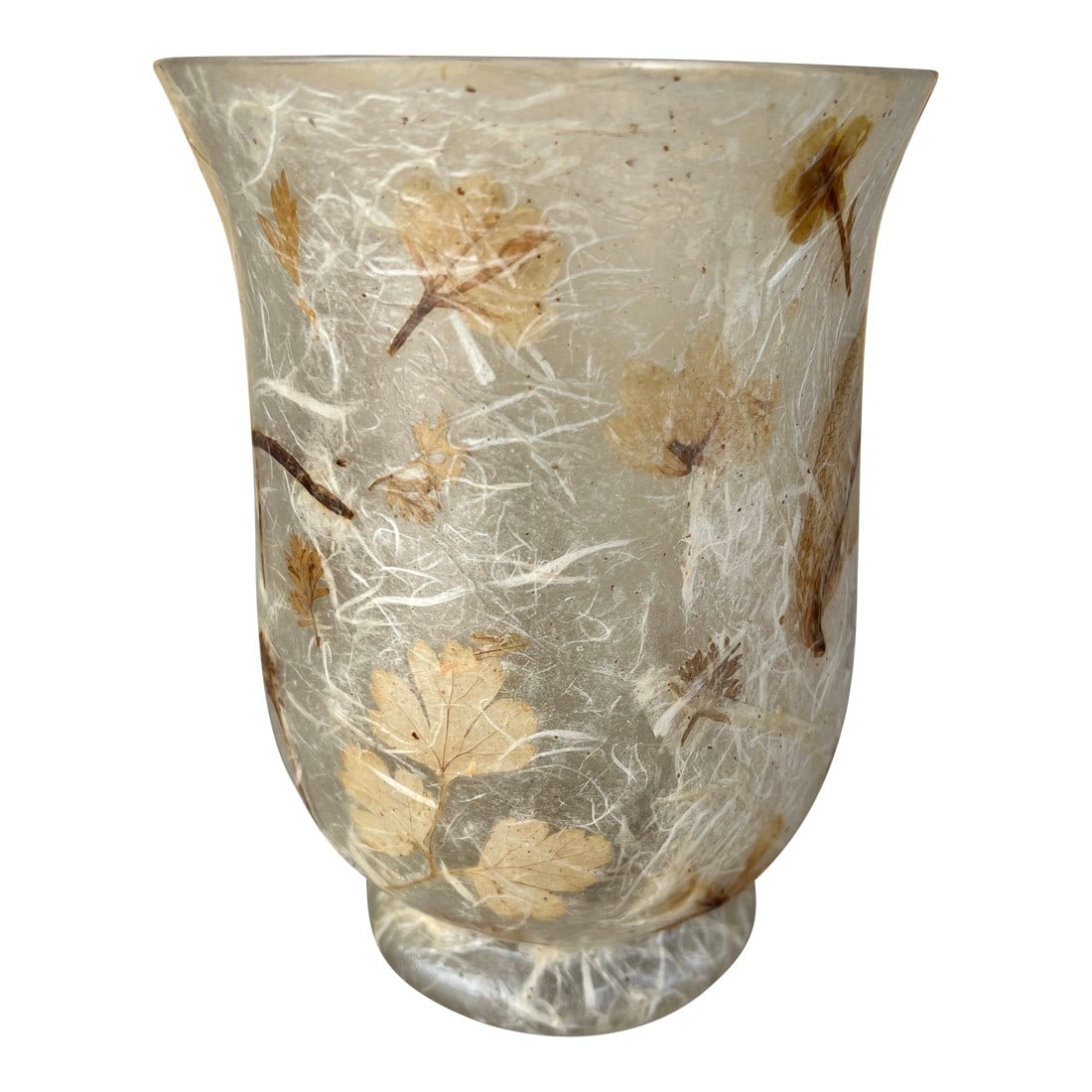 Vintage Glass Vase With Overlay Dried Flowers Signed: Vintage Glass vase signed on the bottom. It features a unique, textured appearance created by the embedded natural elements and fibrous material. The design incorporates real dried botanicals, giving