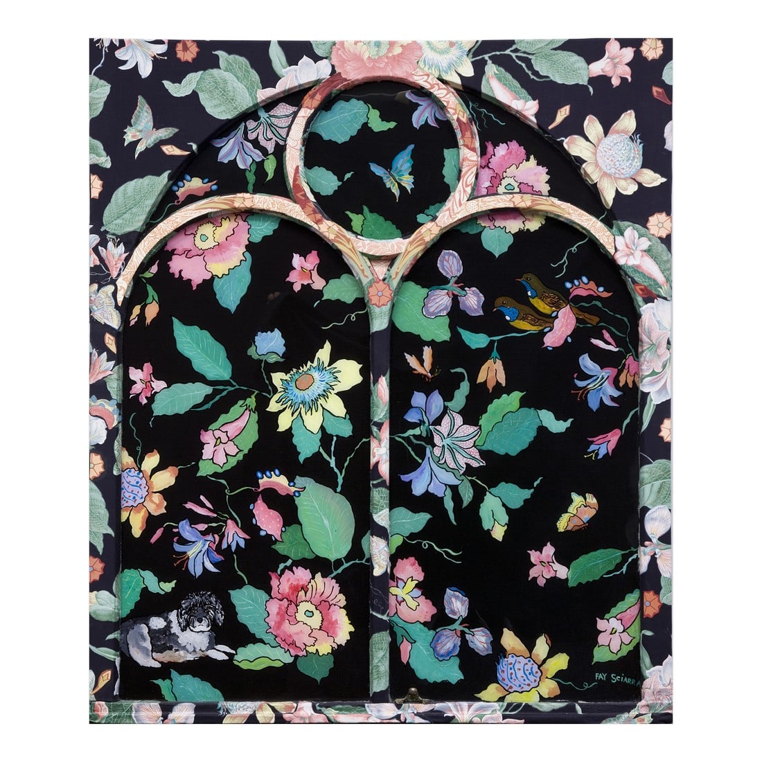 Large Reverse Painting on Glass Church Window: Large vintage church window is the found object used by artist Fay Sciarra for "Georgia in the garden", a boldly patterned painting of a black and white cock-a-poo enveloped by colorful flowers. The