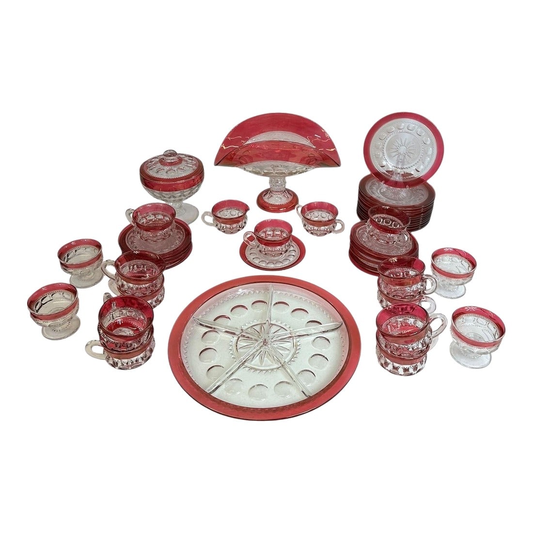 Vintage Tiffin Kings Crown Thumbprint Tea Set for 10 With Extras - 44 Pieces: Vintage Tiffin Kings Crown Thumbprint Cranberry Glass Tea & Dessert Set for 10 with Serving Pieces – 44 Pieces This impressive vintage Tiffin Kings Crown Thumbprint tea and dessert service featu