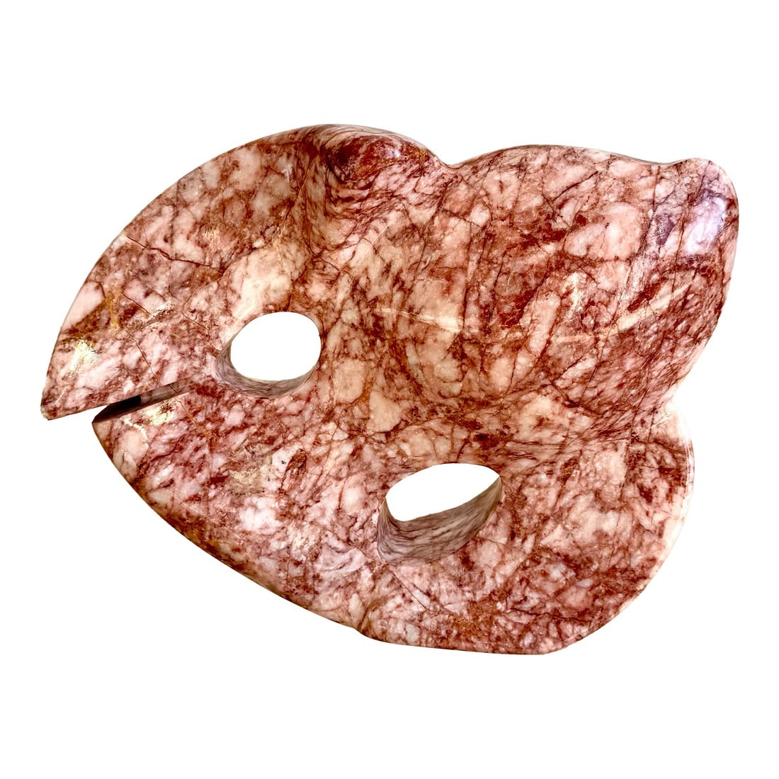 Mid 20th Century Modern Abstract Fish Sculpture in Rosa Portogallo Marble: Mid-century modern fish form carved from Rosa Portogallo marble. The design features flowing, organic contours and pierced negative space, creating a dynamic yet subtle, abstract interpretation of a