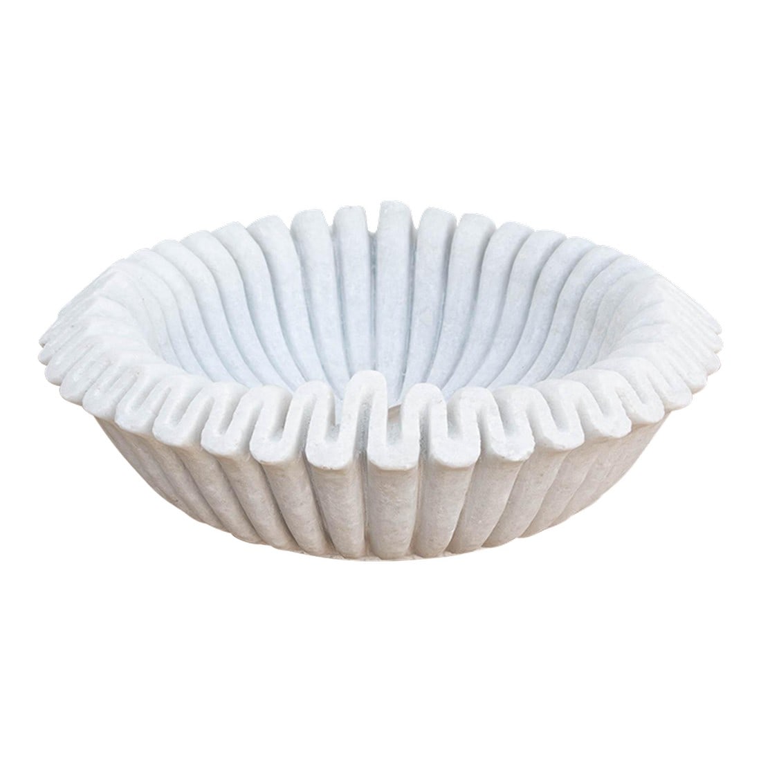 Large Hand-Carved Ripple Marble Bowl: Carved from a single block of pristine white marble, the vessel has been meticulously hand-chiseled to create a continuous "scalloped" edge that mimics the gentle ripples of a seashell or the pleats o