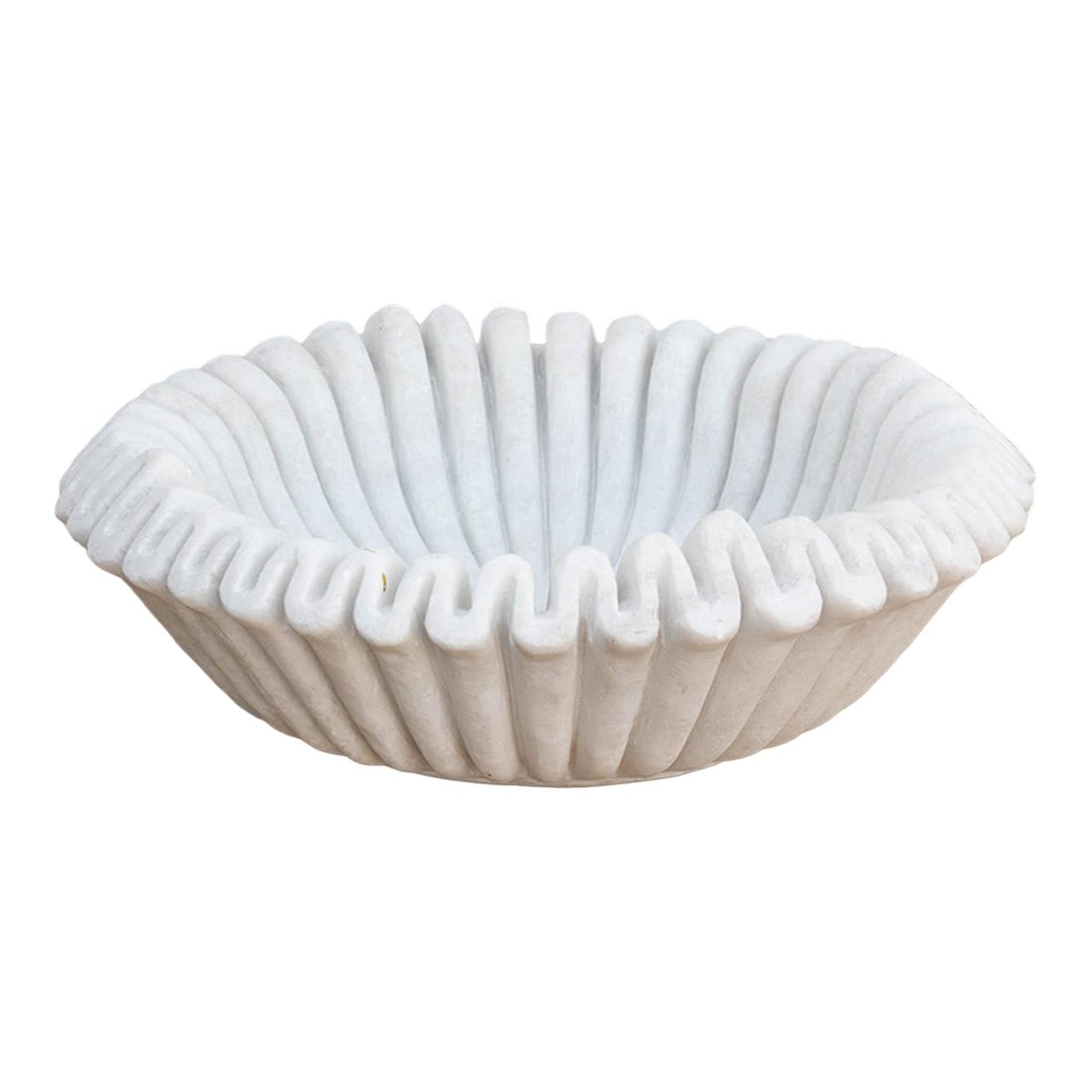 Sculptural Shell Marble Stone Vessel: Carved from a single block of pristine white marble, the vessel has been meticulously hand-chiseled to create a continuous "scalloped" edge that mimics the gentle ripples of a seashell or the pleats o