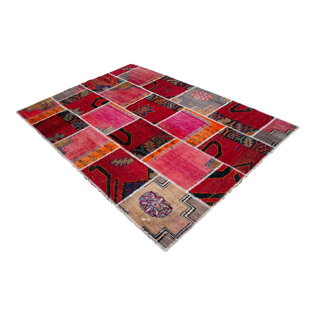 Vibrant Pink & Red Turkish Rug Hand Knotted Handstitched Art - 5'7"x7'10": This stunning contemporary patchwork rug is a curated masterpiece of reclaimed Anatolian history. Composed of hand-selected fragments from antique and vintage hand-knotted rugs across various regions