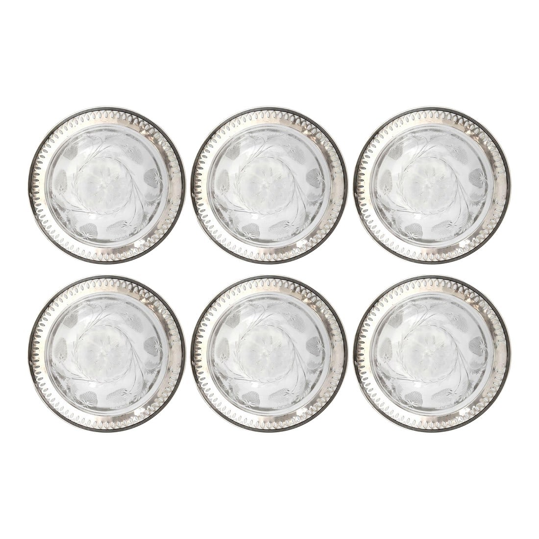 Early 20th Century Set of Six American Crystal Dessert Bowls With Sterling Silver Rims: Set of six American dessert bowls with sterling silver rims and brilliant cut crystal bowls, hand-cut in a strawberry and foliage motif. Each bowl is marked sterling, highlighting the quality and