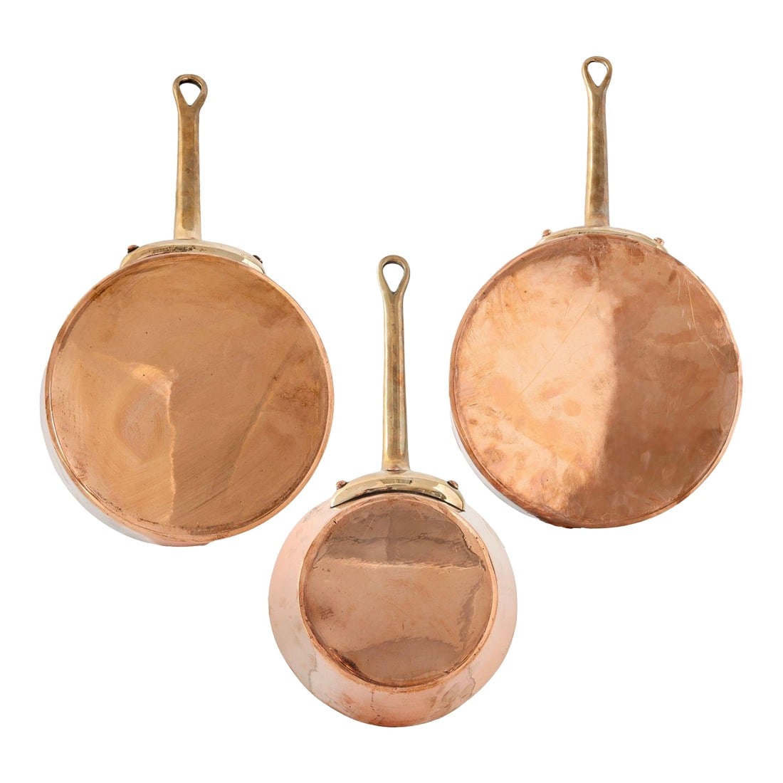 Antique Helvetia Copper Cookware Set with Brass Handles: Professional-grade copper cookware set by Helvetia, known for its heavy-duty construction and timeless quality. Crafted of thick-gauge copper with substantial brass handles, these pieces offer