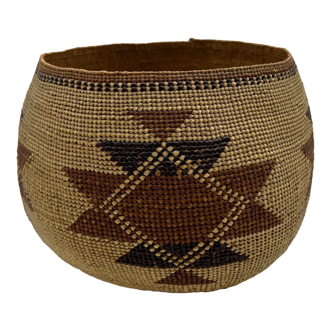 Antique Native American Basket Hupa or Pit River Afrohemian Decor: This basketry bowl is attributed to Northern California Native American craftsmen. It dates to the late 19th century and appears to be made from Bear grass and Maiden Hair fern, with an exceptionally