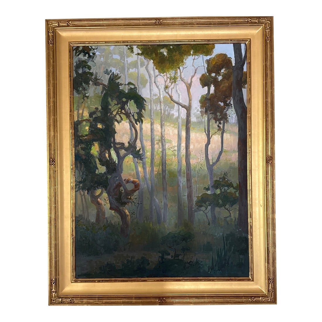 Peter Adams "Eucalyptus Forest" Oil on Board Painting: Peter Adams, American artist, focus is landscapes and seascapes created en plein air. This beautiful painting is in an equally beautiful frame. It has held pride of place in our living room for 25
